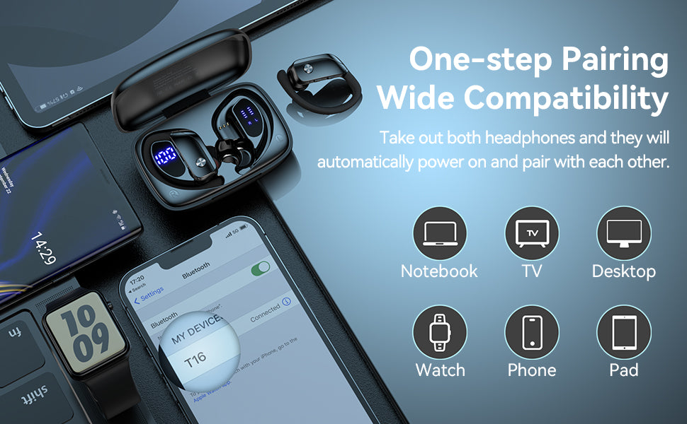 Ear Buds Wireless Earbuds Bluetooth Headphones with 80H Playtime LED Display Case, Over-Ear Hook with Mic, Stereo Sound