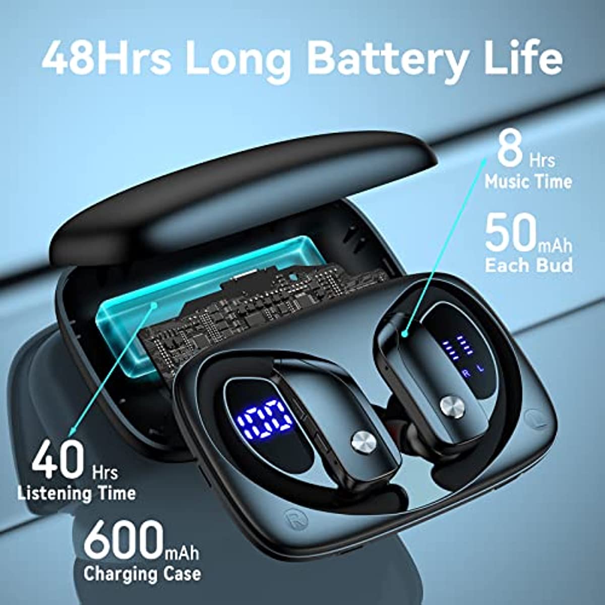 Ear Buds Wireless Earbuds Bluetooth Headphones with 80H Playtime LED Display Case, Over-Ear Hook with Mic, Stereo Sound