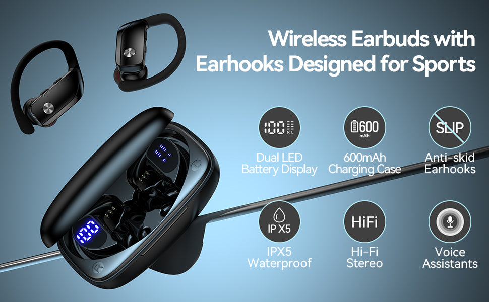 Ear Buds Wireless Earbuds Bluetooth Headphones with 80H Playtime LED Display Case, Over-Ear Hook with Mic, Stereo Sound
