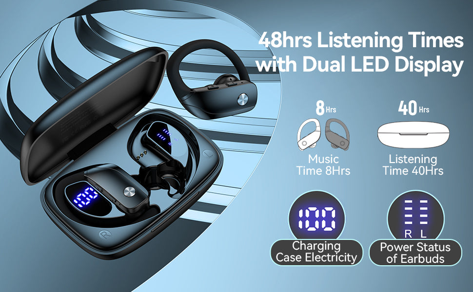 Ear Buds Wireless Earbuds Bluetooth Headphones with 80H Playtime LED Display Case, Over-Ear Hook with Mic, Stereo Sound